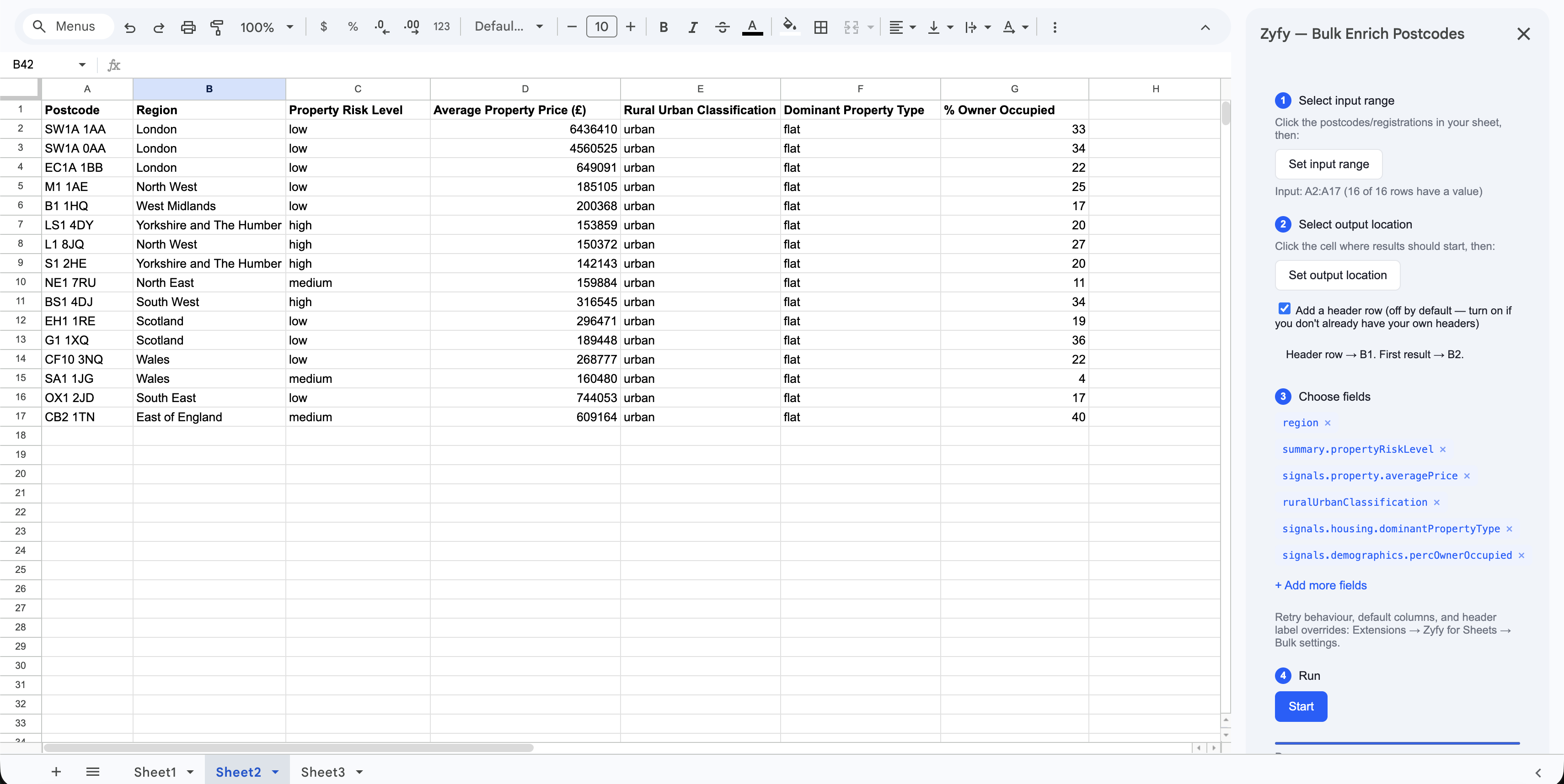 Zyfy Bulk Enrich sidebar filling a column of UK postcodes with region, property risk, average price and more, directly in Google Sheets