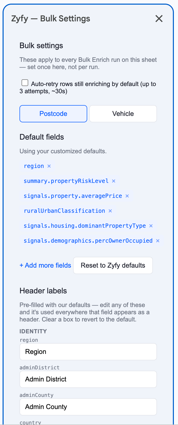The Bulk Settings sidebar, showing default fields customised and ready to reorder, plus editable header labels