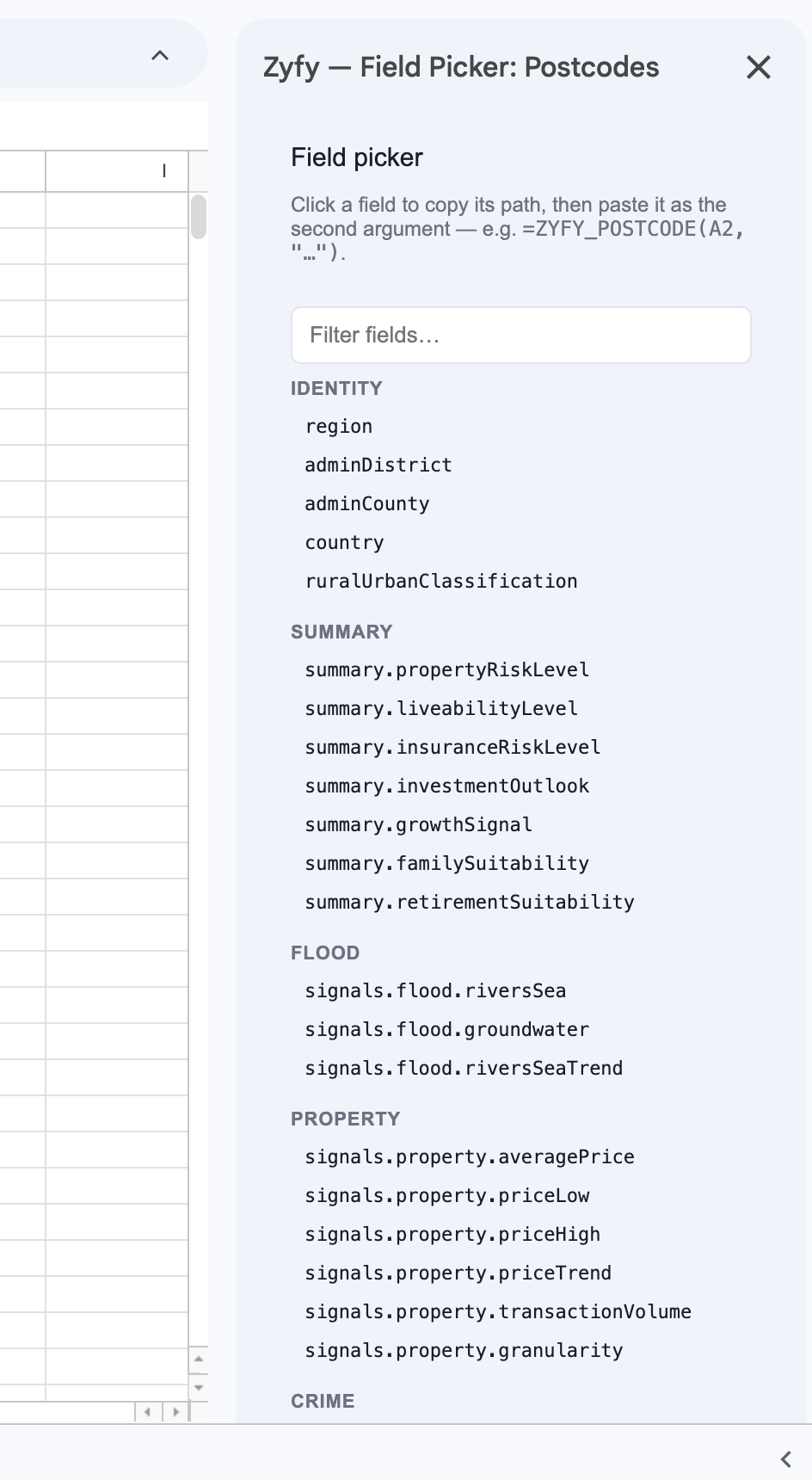 The Field Picker sidebar listing postcode fields grouped by category — Identity, Summary, Flood, Property and more