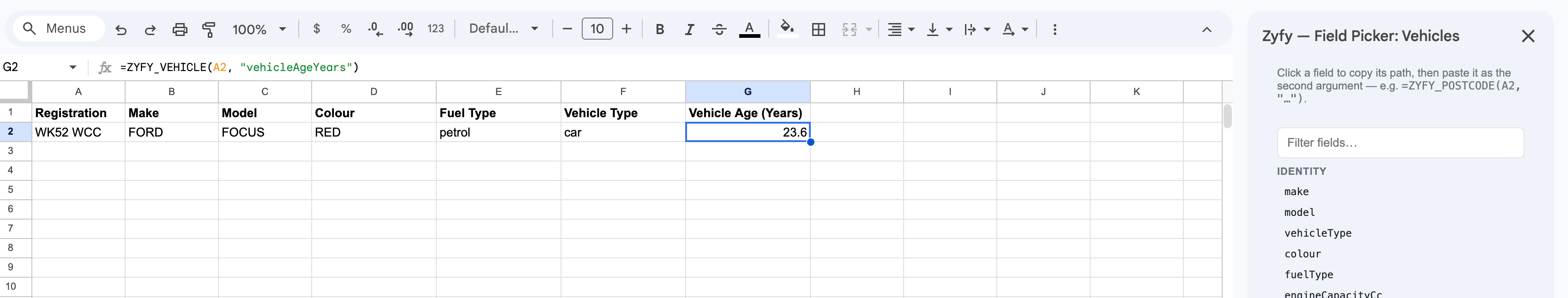 A =ZYFY_VEHICLE formula resolving make, model, colour, fuel type and vehicle age in a Sheets cell, with the Field Picker sidebar open alongside it